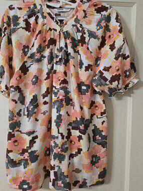 L Sonoma Peach & BL/Grey/White Multi Floral Puff Short Raglan Sleeve Blouse Top